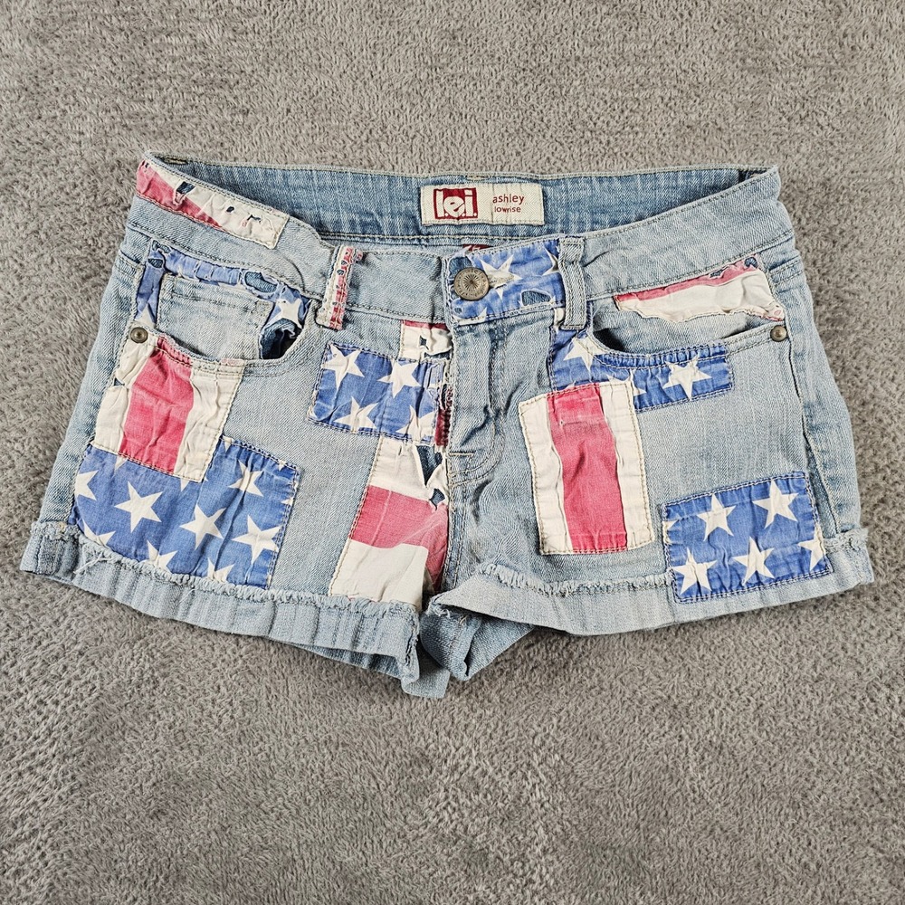 LEI Ashley Lowrise Denim Shorts Light Wash Americana Stars Stripes Size 7 Junior